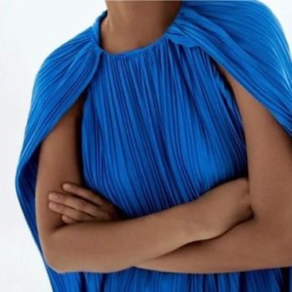 NWT Zara Blue Pleated Cape Dress size Small - Picture 8 of 10